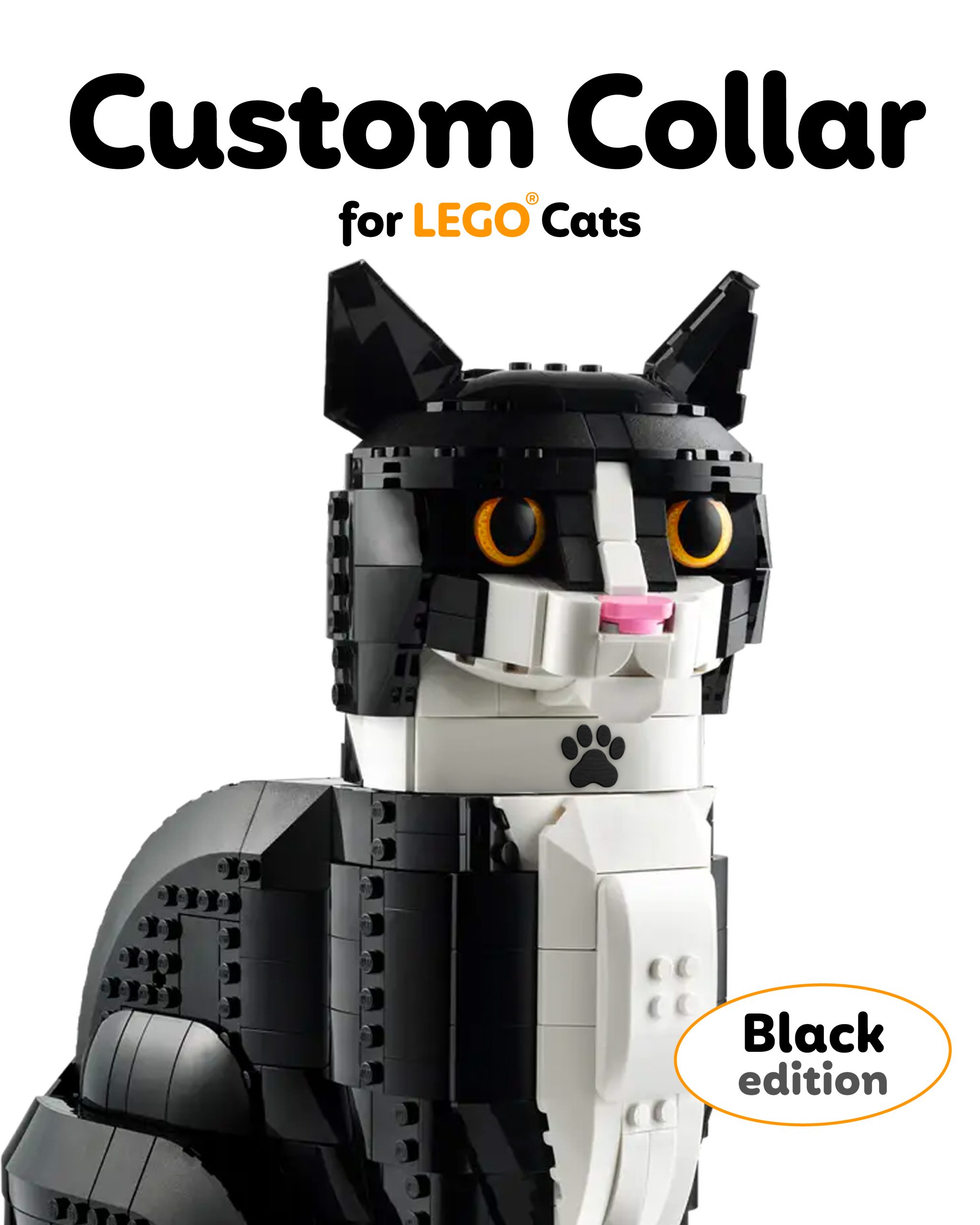 Custom Collar Accessory Compatible with LEGO Tuxedo Cat and LEGO Orange Cat, 2-Pack 3D Printed Paw Collars, Black Paw and Orange Paw - Image 2