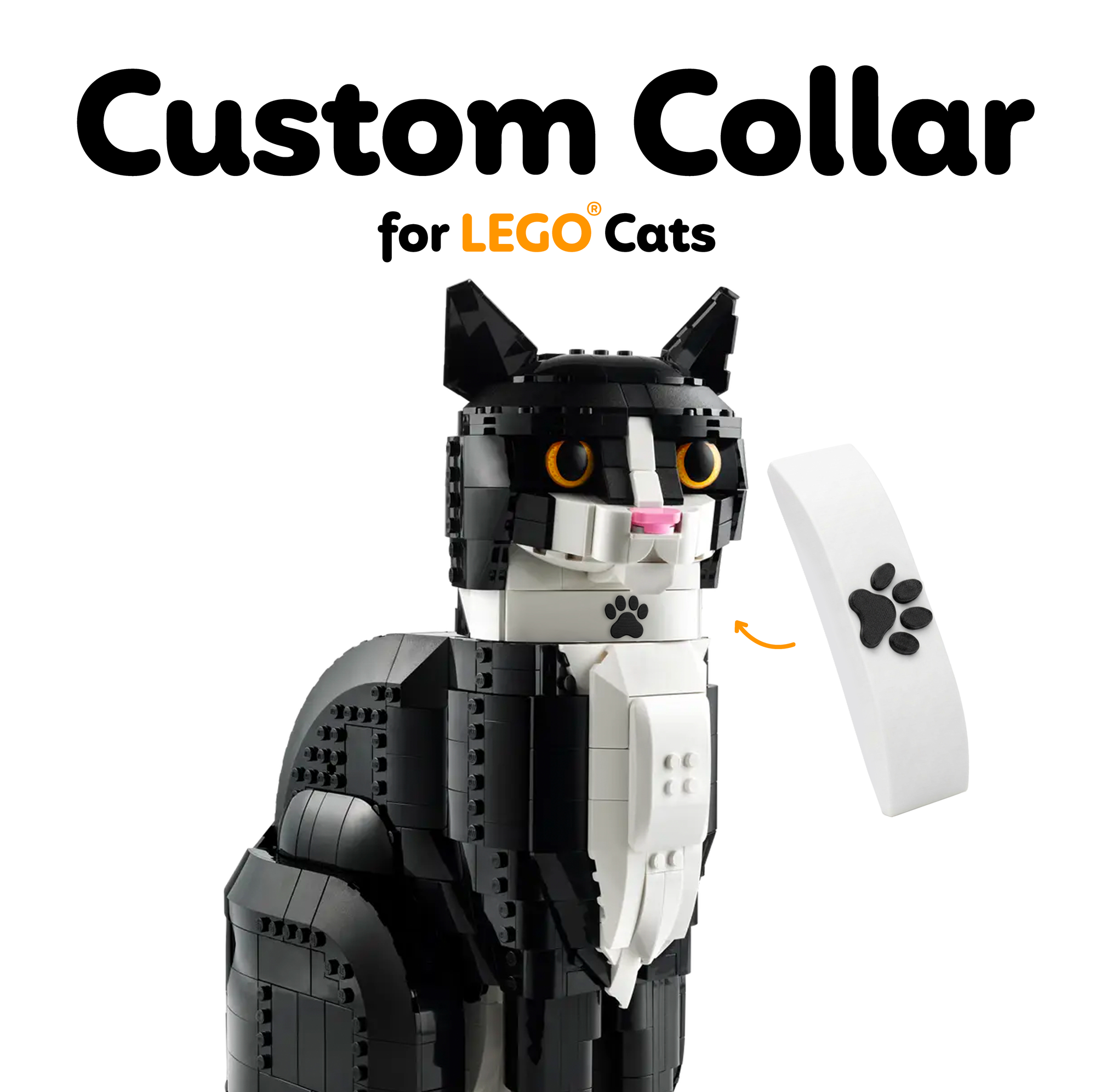 Custom Collar Accessory Compatible with LEGO Tuxedo Cat and LEGO Orange Cat, 2-Pack 3D Printed Paw Collars, Black Paw and Orange Paw